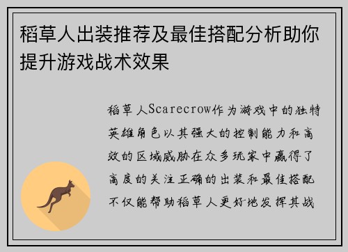 稻草人出装推荐及最佳搭配分析助你提升游戏战术效果